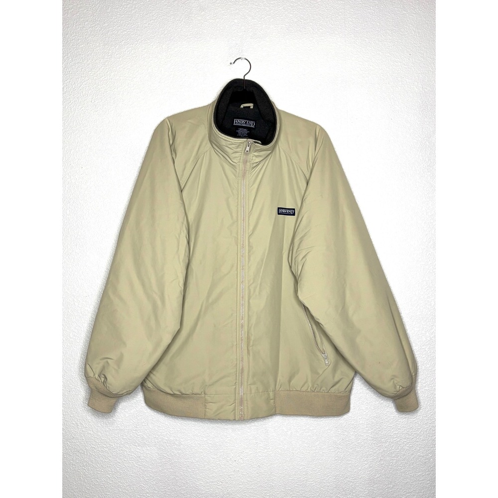 Lands End Men's XL Bomber Jacket Coat Reg Beige Fleece Lined Zip Up 80's